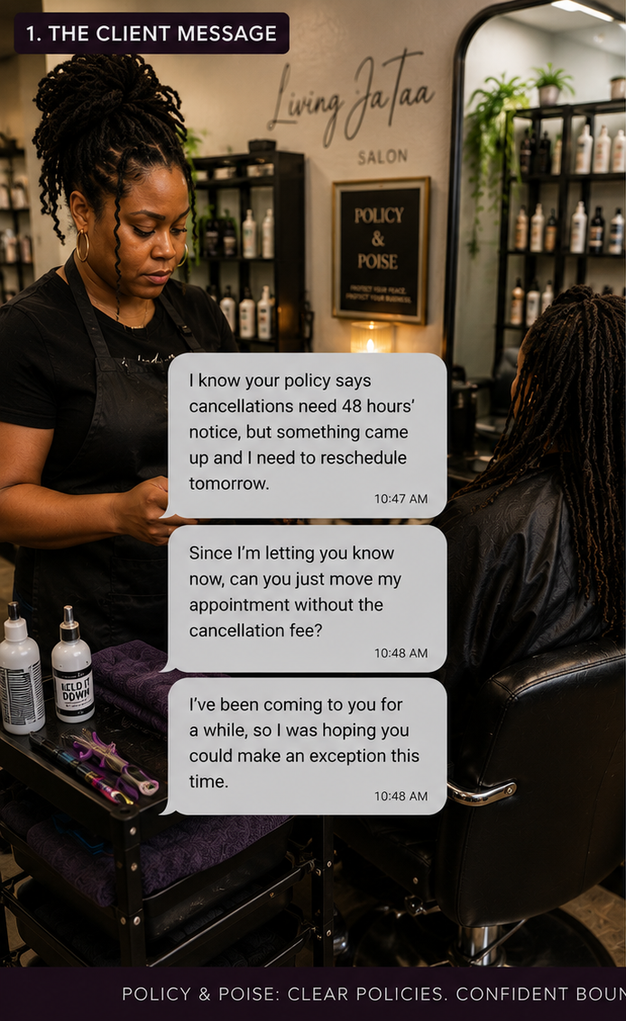 A stylist working with a client in a salon beside a client message requesting an exception to the cancellation policy