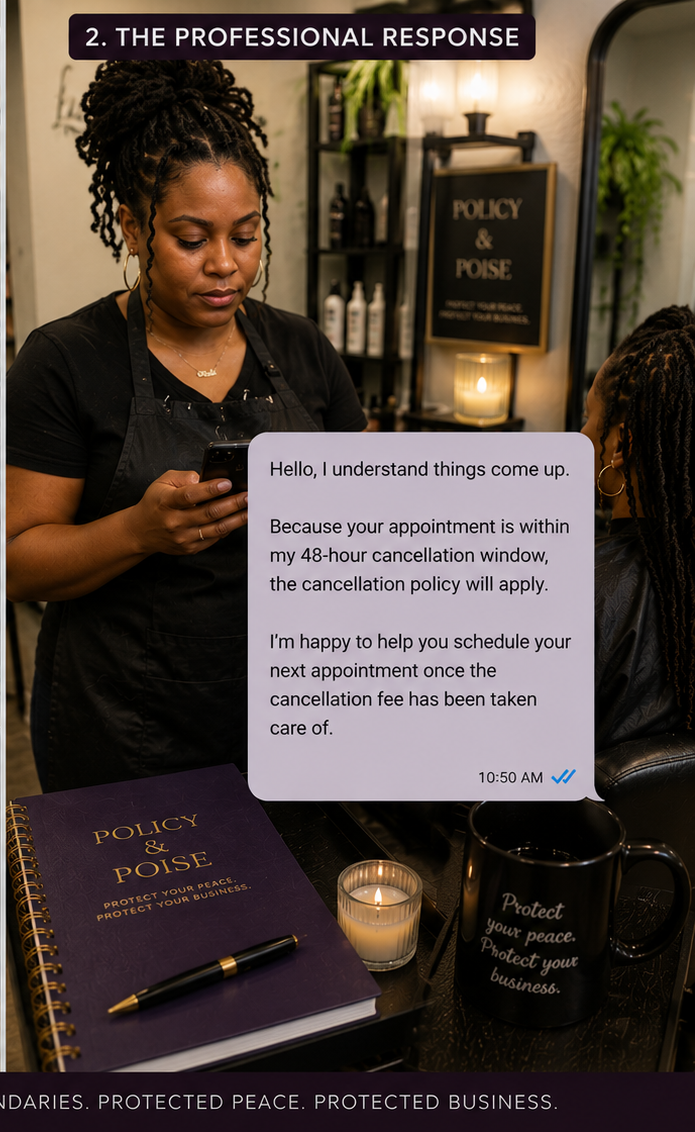A stylist reading a professional message that upholds the 48-hour cancellation policy before rescheduling